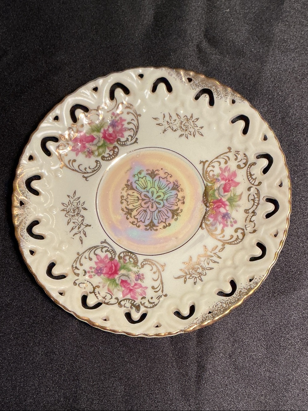 Antique Porcelain Plate with Pink Floral and Gold Trim Lusterware from Japan